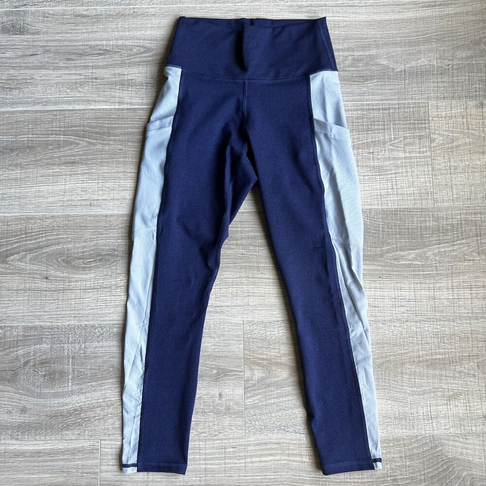 Fabletics Two Tone Blue Mesh Leggings Cropped Side Pockets Womens Sz S Mid Rise